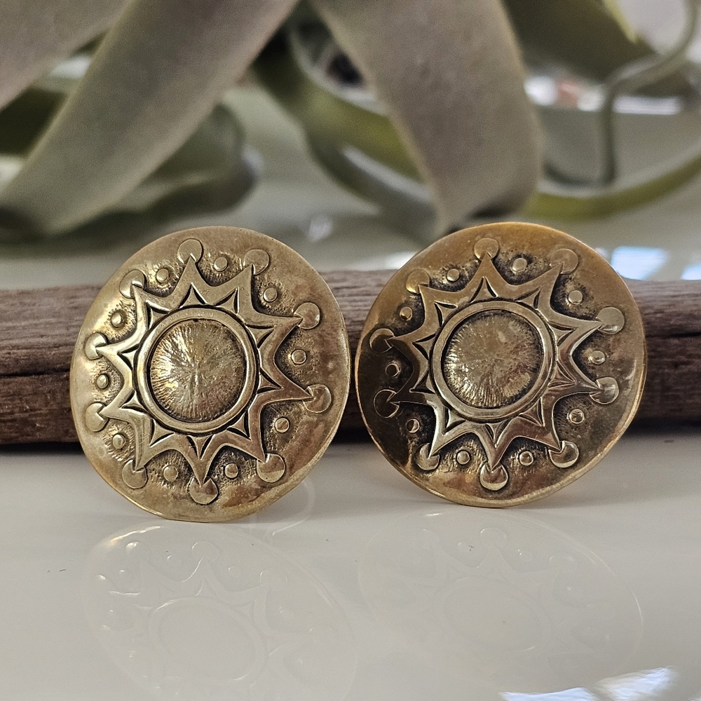 VTG Jeep Collins Brass and Silver Sunburst Shield Earrings w/ Omega Backs Signed